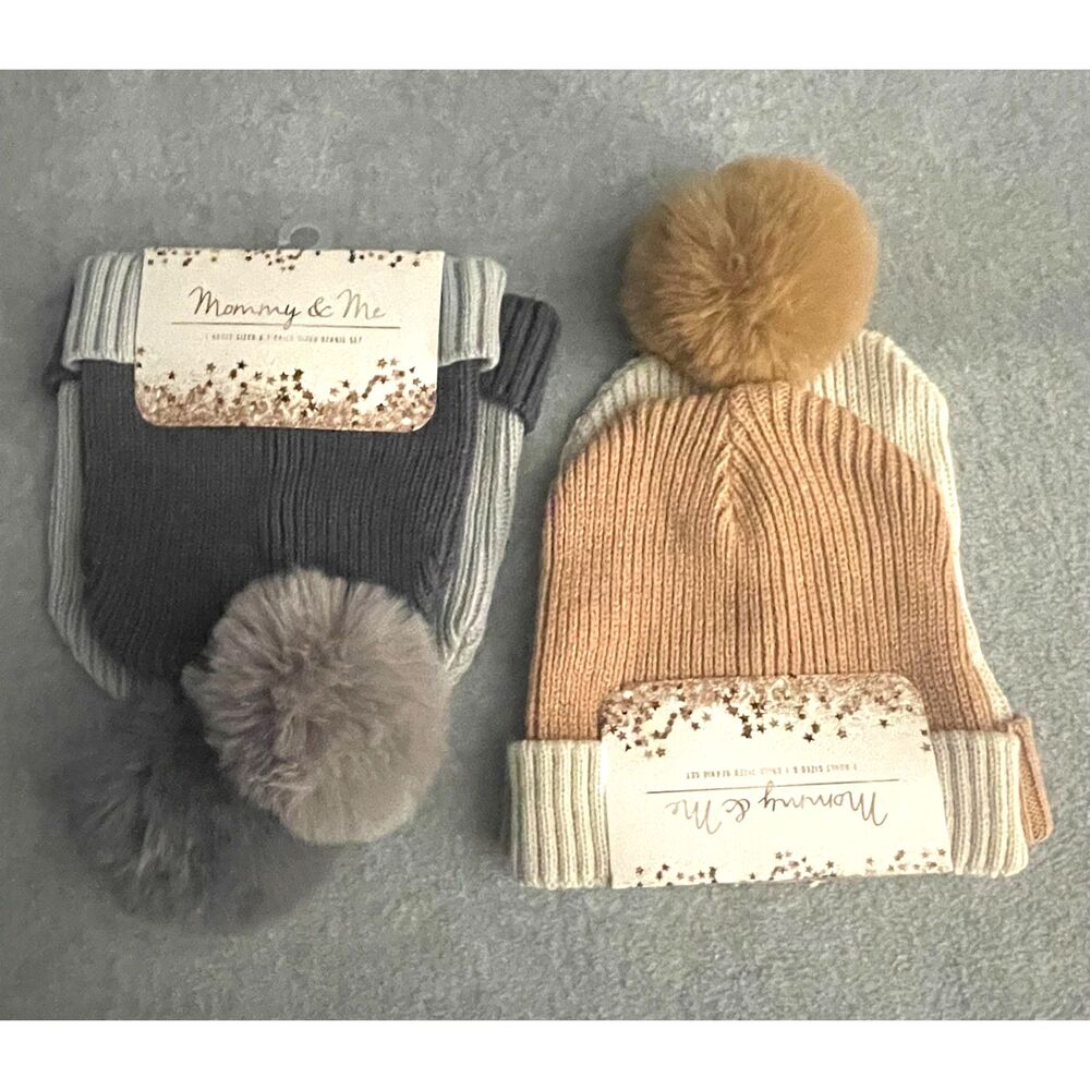 Mommy & Me Pom Beanie Hat Sets Colorblock Knit Winter Hats Lot of 2 Sets
